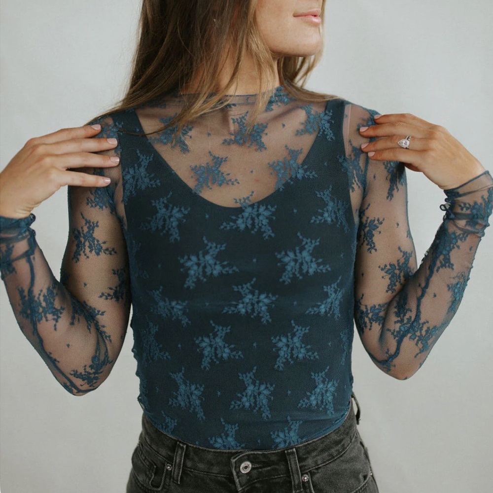 FREE PEOPLE Sheer Floral Lady Lux Layering Top in Night Swim XS